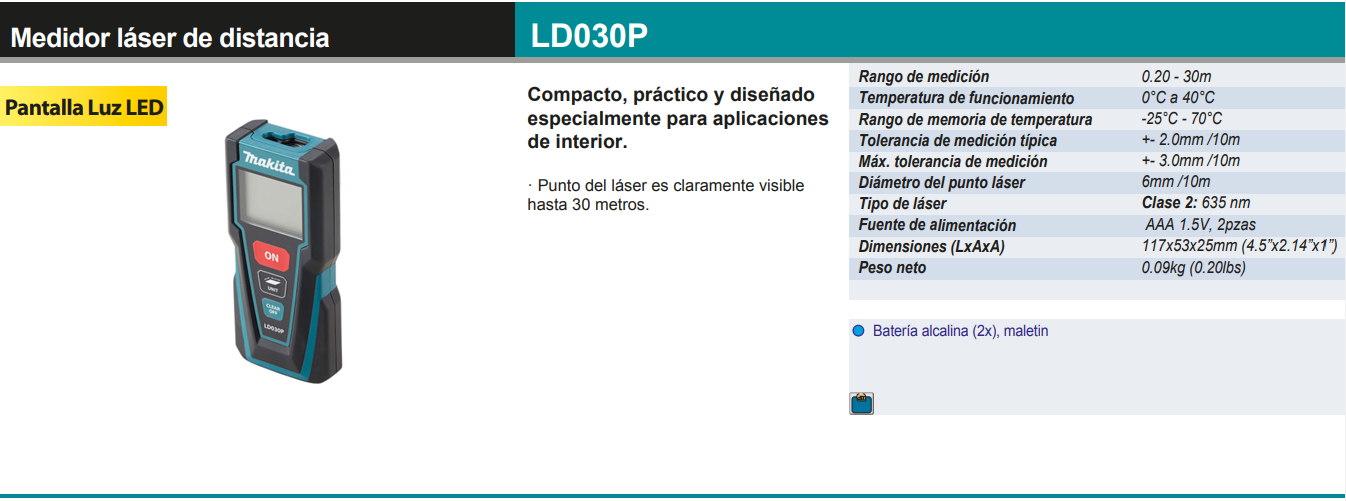 Medidor de Distancia Láser MAKITA de 0,2 - 30 metros - Modelo LD030P